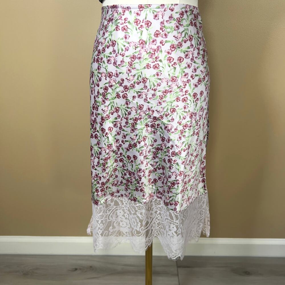NWT Forever 21 Floral Lace Trim Satin Midi Skirt Romantic Coquette Size M